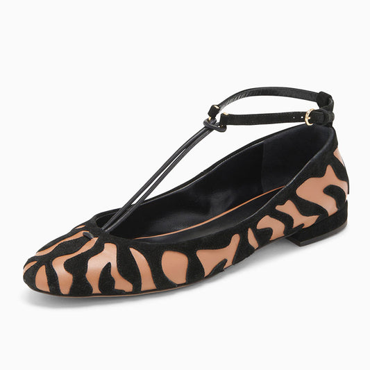 Brown & Black Almond Toe Animal Pattern Overlay T-Strap Flats