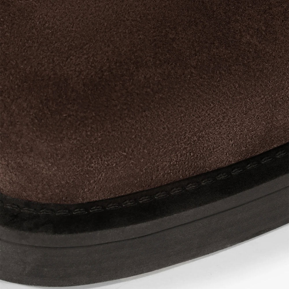 Vegan Suede Low Heel Fold Over Round Toe Knee High Boots in Brown