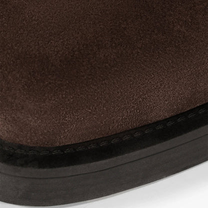 Vegan Suede Low Heel Fold Over Round Toe Knee High Boots in Brown