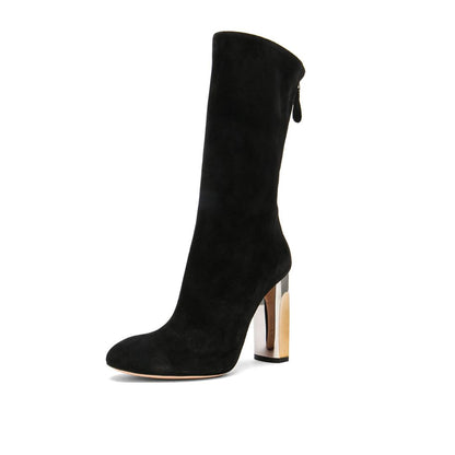 Black Vegan Suede Chunky Heel Mid Calf Boots with Zipper