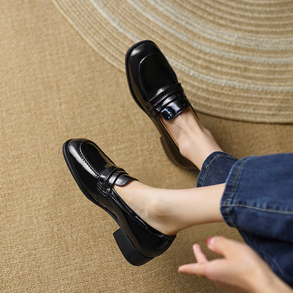 Black Patent Leather Closed Toe Chunky Heel Formal Loafers
