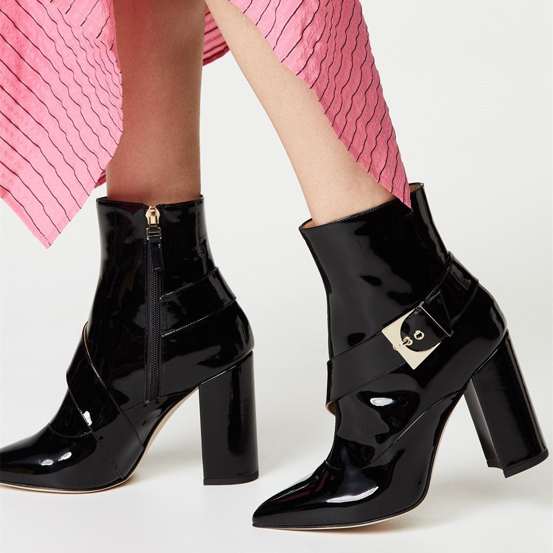 Black Patent Leather Buckle Strap Ankle Boots with Chunky Heels
