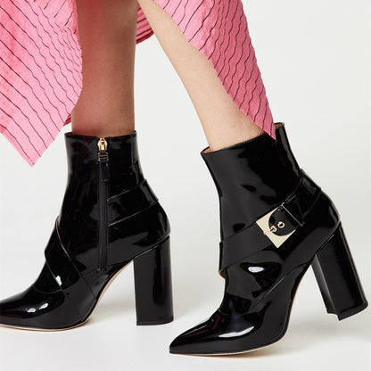 Black Patent Leather Buckle Strap Ankle Boots with Chunky Heels