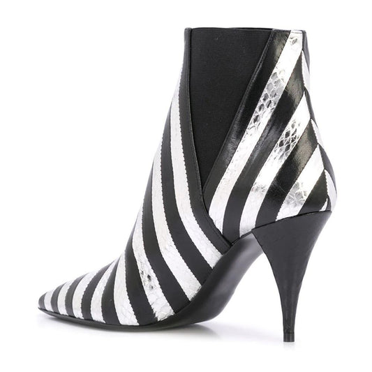 Black and White Stripe Python Cone Heel Ankle Boots