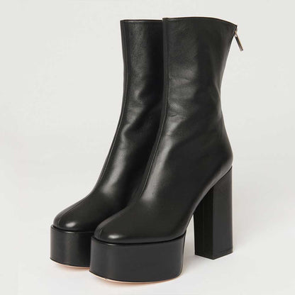 Black Round Toe Block Heel Platform Ankle Boots with Back Zip