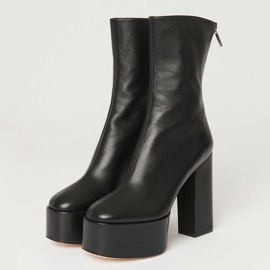 Black Round Toe Block Heel Platform Ankle Boots with Back Zip