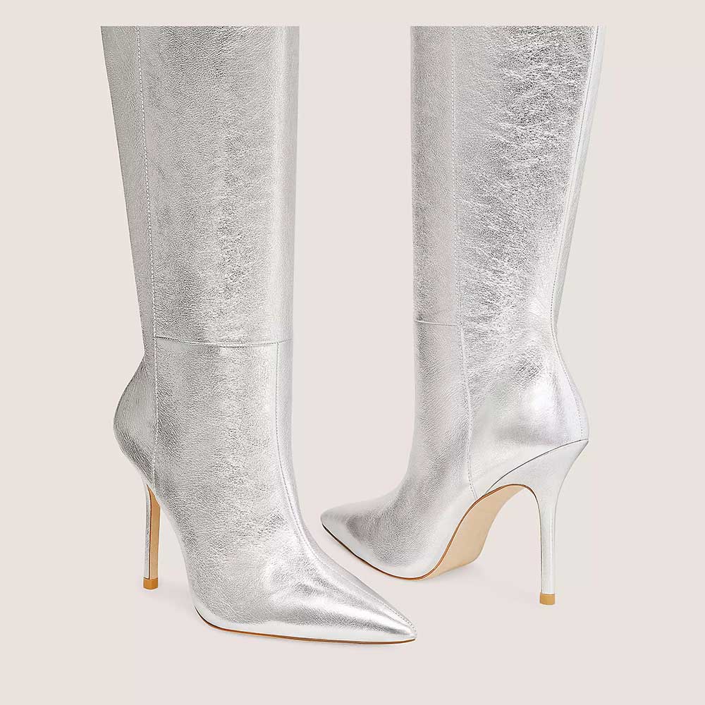 Silver Metallic Pointed Toe 4'' Stiletto Heel Knee High Boots