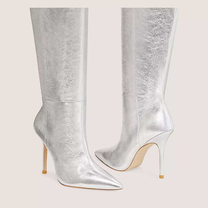 Silver Metallic Pointed Toe 4'' Stiletto Heel Knee High Boots