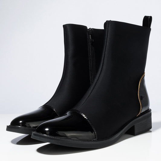 Black Lycra and Patent Leather Patchwork Low Heel Ankle Boots