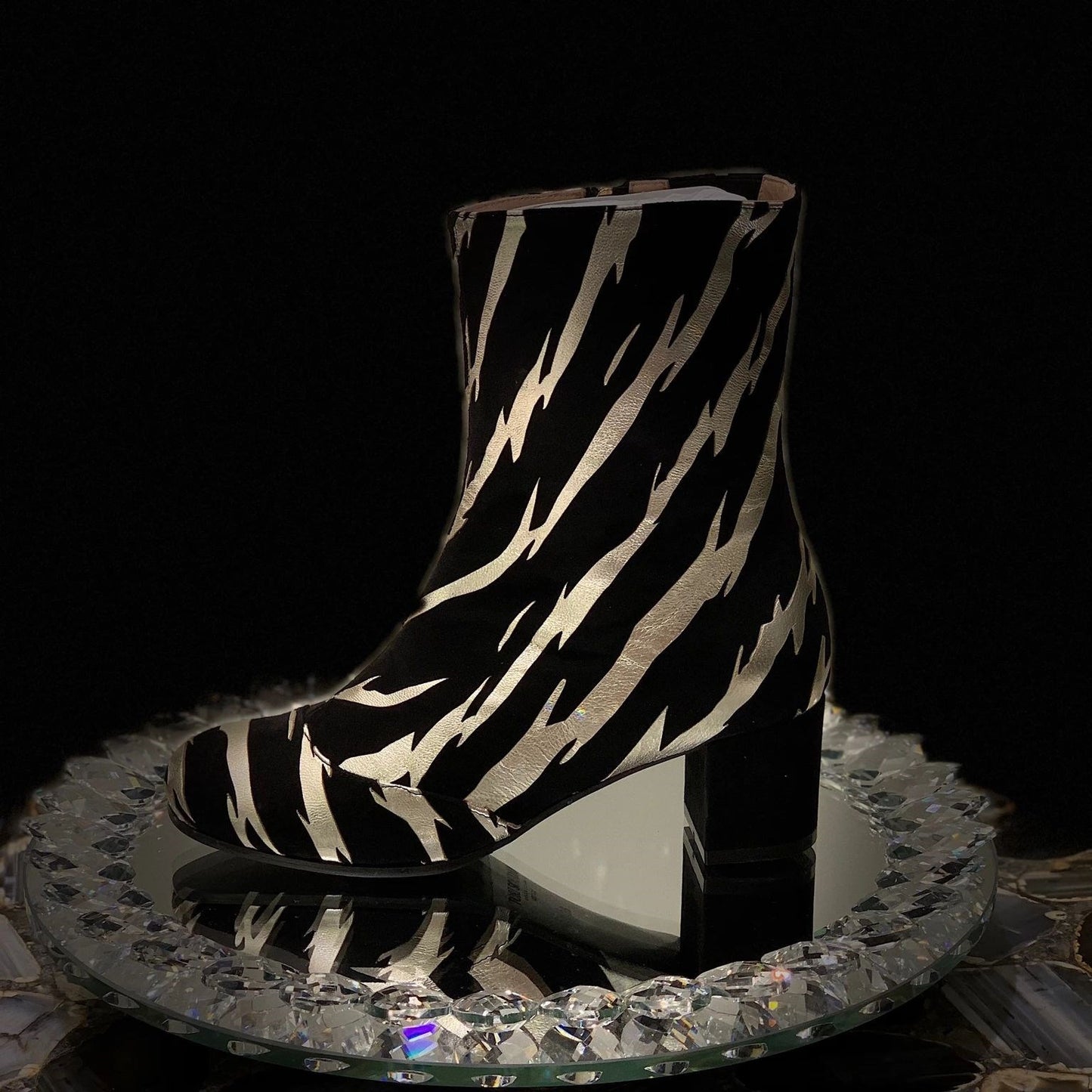 Black & Champagne Block Heel Round Toe Ankle Boots