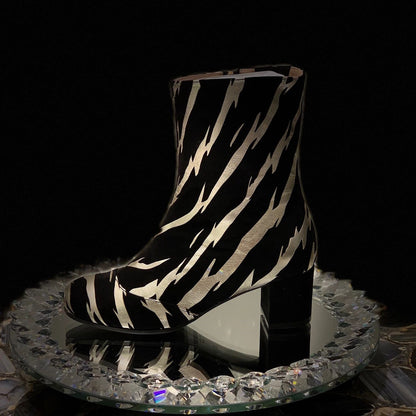 Black & Champagne Block Heel Round Toe Ankle Boots