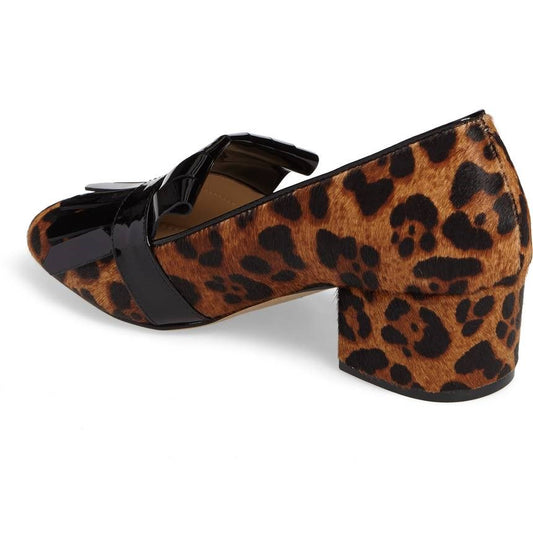 Brown Leopard Print Block Heel Women's Loafers with Fringe