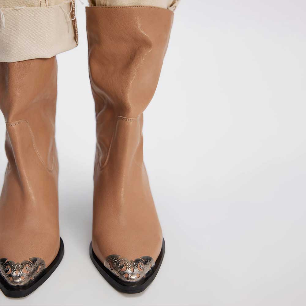 Slouchy Pointed Toe Metallic Accent Mid Calf Boots for Women in Tan