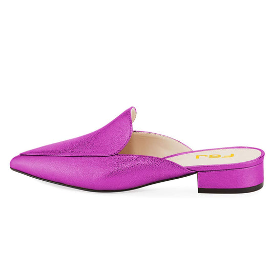 Fuchsia Slip-On Pointed Toe Block Heel Mule Loafers for Women