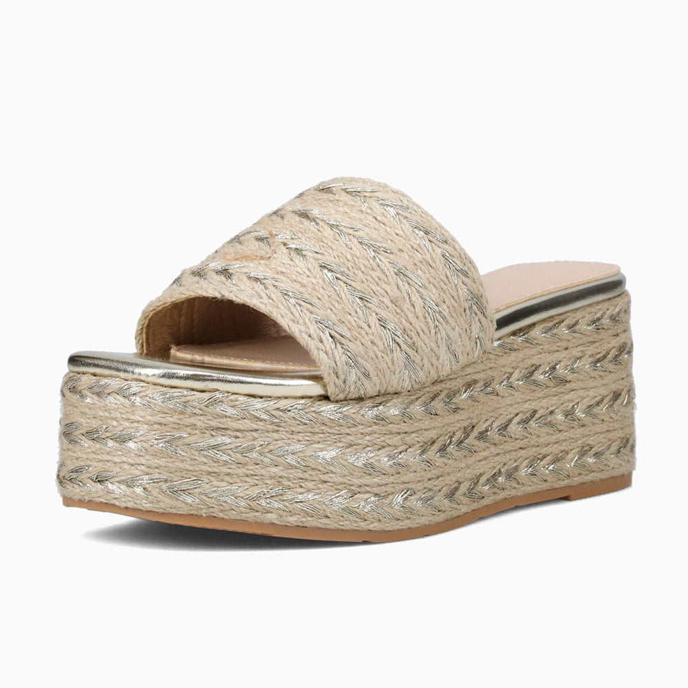 Beige & Gold Metallic Square Toe Platform Wedge Heel Mules Sandals