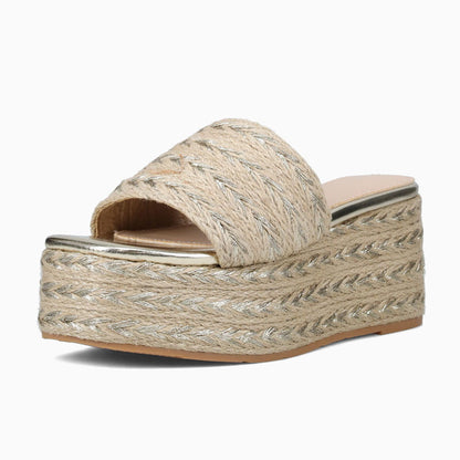 Beige & Gold Metallic Square Toe Platform Wedge Heel Mules Sandals