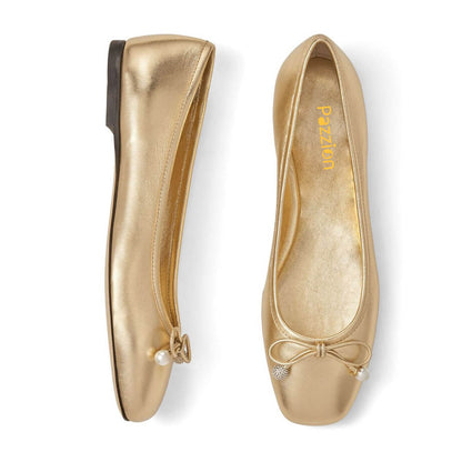 Gold Pearl Rhinestone Bowknot Square Toe Slip-On Ballet Flats