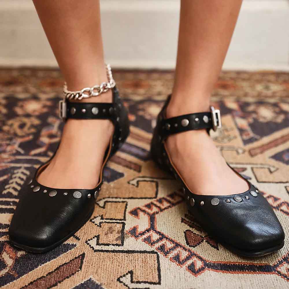 Black Square Toe Buckle Studded Mary Jane Flats for Women