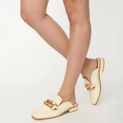 Beige Block Heels Classic Square Toe Chain Buckle Mule Loafers