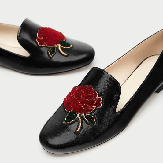 Black Round Toe Flower Embroidered Flats Loafer Shoes for Women