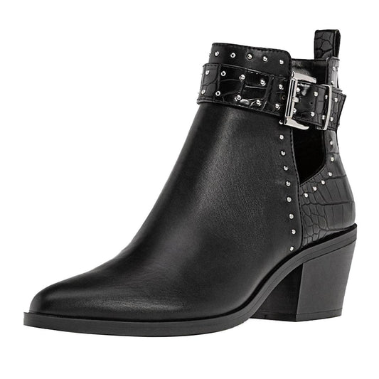 Black Pointed Toe Crocodile Pattern Chunky Heel Ankle Boots with Stud