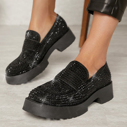 Trendy Black Round Toe Rhinestone Chunky Loafers for Women