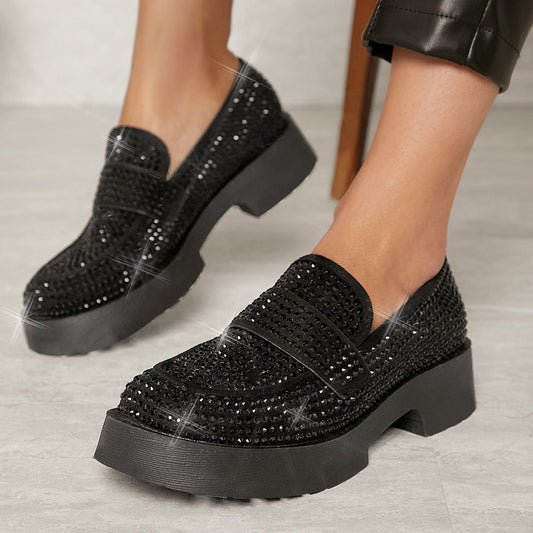 Trendy Black Round Toe Rhinestone Chunky Loafers for Women