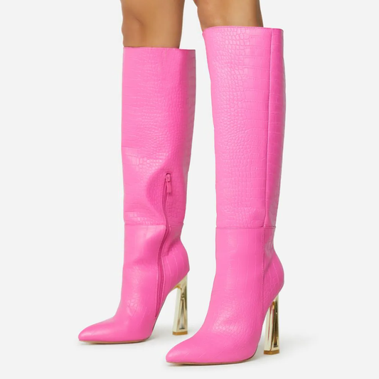 Women's Croco Embossed Decorative Heel Knee High Boots in Pink