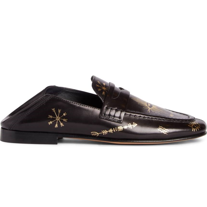 Black Square Toe Gold Printed Flats Penny Loafers Women