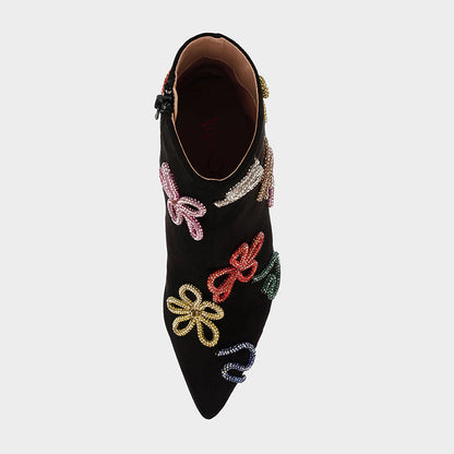 Black Spool Heel Multicolor Rhinestone Flower Ankle Boots for Women