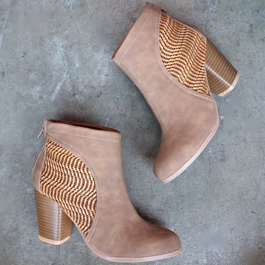 Women's Round Toe Raffia Woven Patchwork Block Heel Ankle Boots