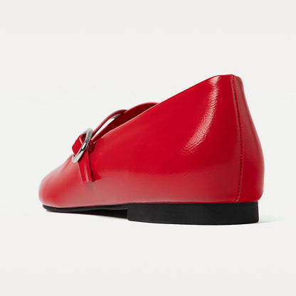 Women's Red Square Toe Cross Buckle Strap Elegant Ballet Flats
