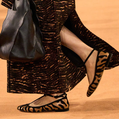 Brown & Black Almond Toe Animal Pattern Overlay T-Strap Flats