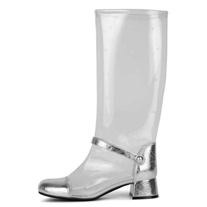 Silver & Transparent Closed Toe Heeled Knee High Boots with Strap