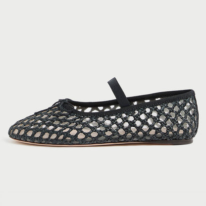 Black Fishnet Round Toe Flat Woven Bow Inlay Ballet Shoes for Women