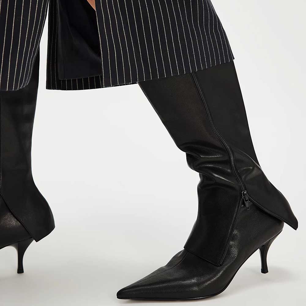 Fashion Pointed Toe Kitten Heel Fold-Over Knee High Boots in Black