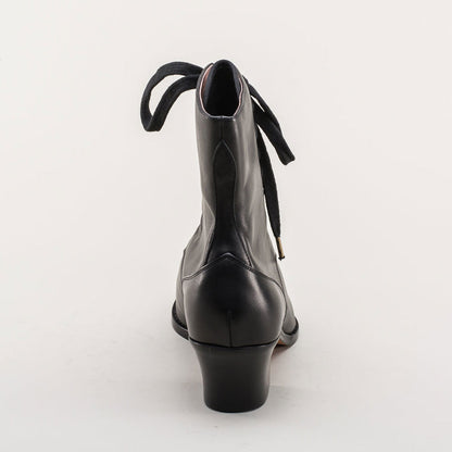 Black Lace-Up Chunky Heel Ankle Boots for Women with Almond Toe