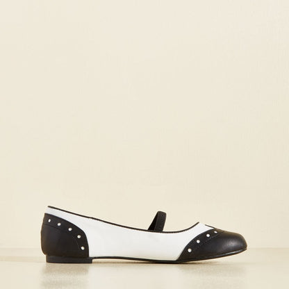 Black & White Wingtip Inspired Round Toe Flats with Elastic Strap