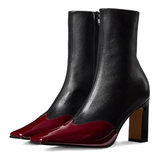 Black and Burgundy Patchwork Square Toe Zip Heeled Ankle Boots
