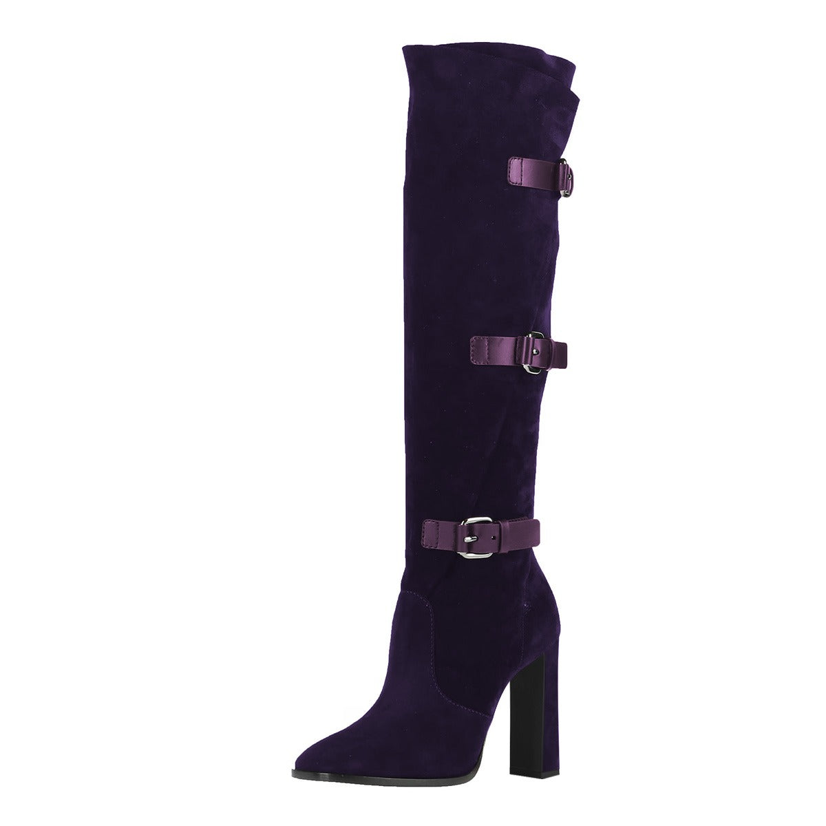 Dark Purple Round Toe Tri-Buckle Strap Knee High Boots for Women