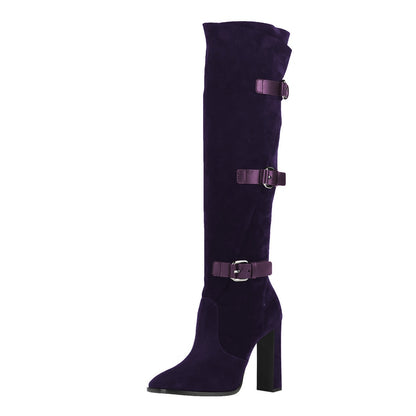 Dark Purple Round Toe Tri-Buckle Strap Knee High Boots for Women