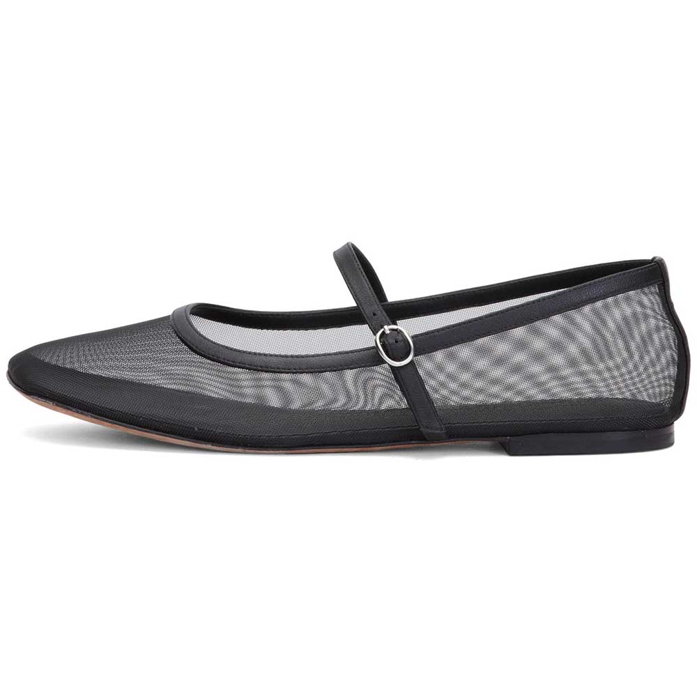 Black Mesh Round Toe Strap Comfortable Ballet Flats for Women