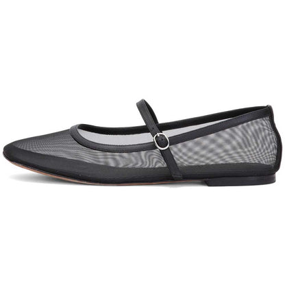 Black Mesh Round Toe Strap Comfortable Ballet Flats for Women