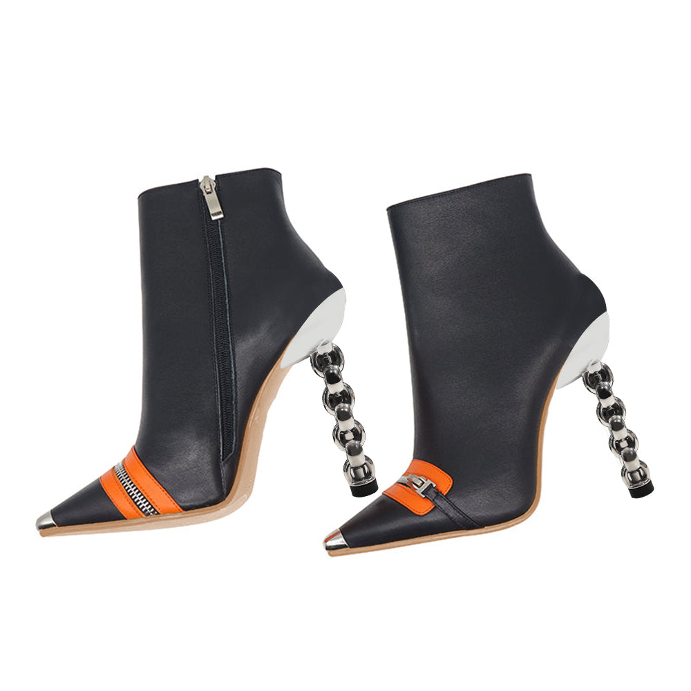 Black Pointed Toe Decorative Heel Ankle Boots