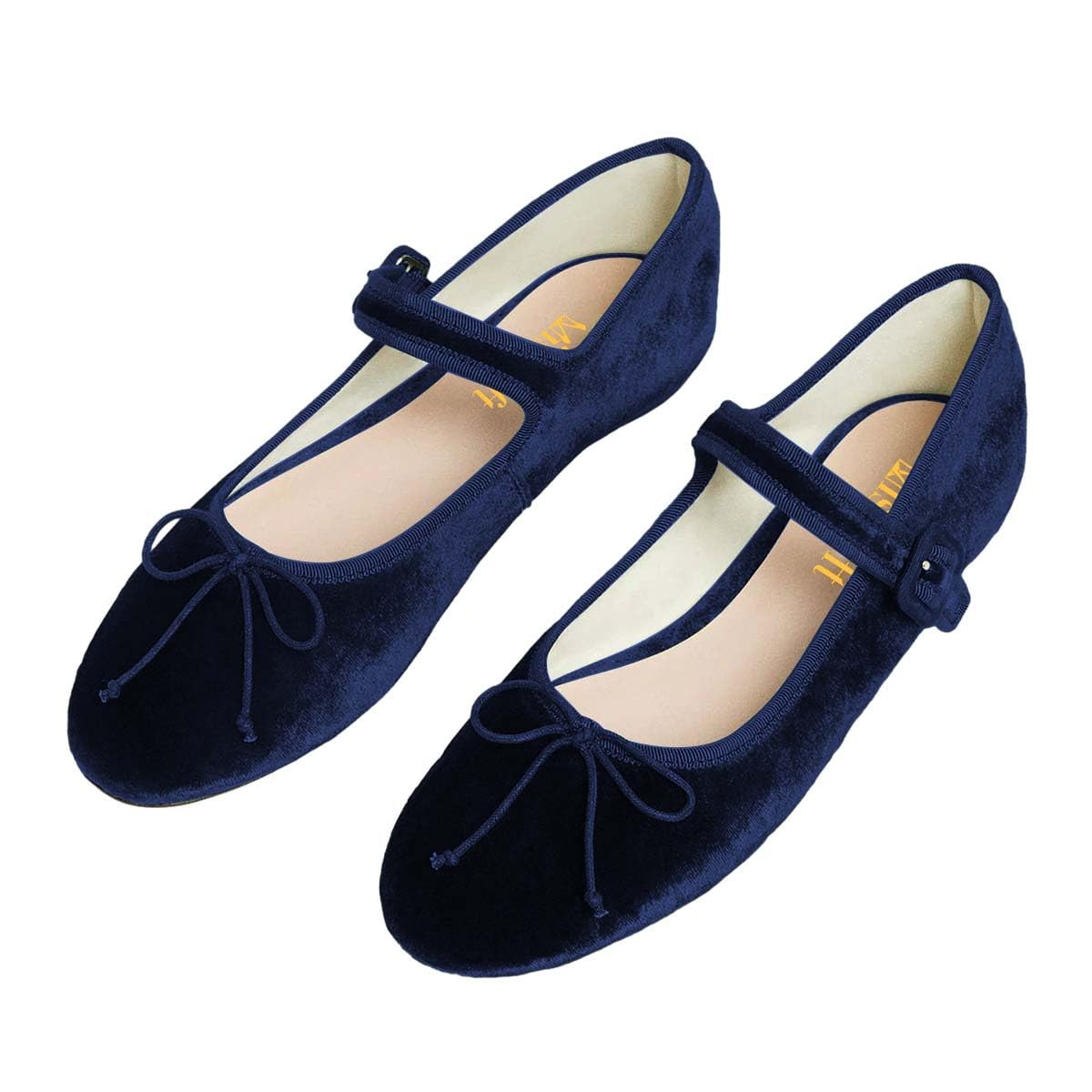 Navy Velvet Bow Tie Round Toe Ballet Flats with Buckle Strap