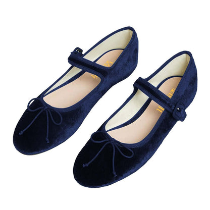 Navy Velvet Bow Tie Round Toe Ballet Flats with Buckle Strap