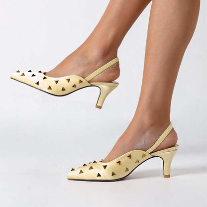 Yellow Satin Slingback Pumps Pointed Toe Rivets Kitten Heels for Women