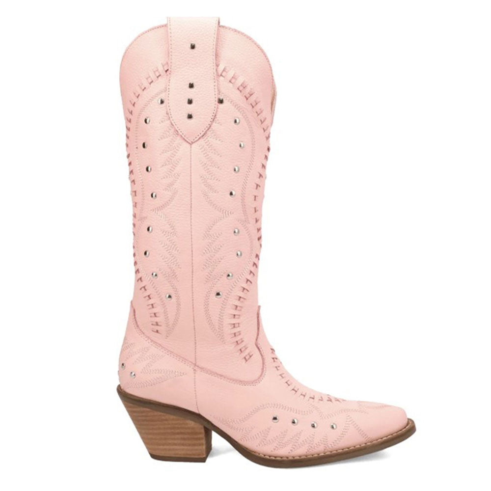 Chic Woven Details Chunky Heel Tall Pink Cowboy Boots with Studs