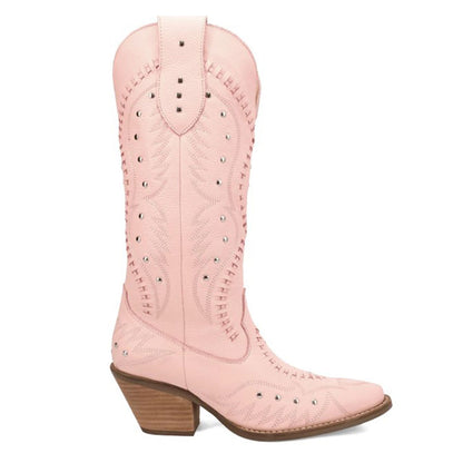 Chic Woven Details Chunky Heel Tall Pink Cowboy Boots with Studs
