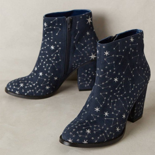 Navy Constellation Pattern Embroidered Chunky Heel Ankle Boots